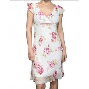 Vintage Y2K City Triangles White & Pink Floral Midi Dress Ruffles Size 7 NWT